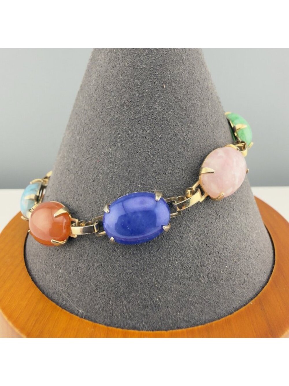 Vintage Glass Cabochon Link Bracelet Gold Tone Multicolor Oval Stones 7”